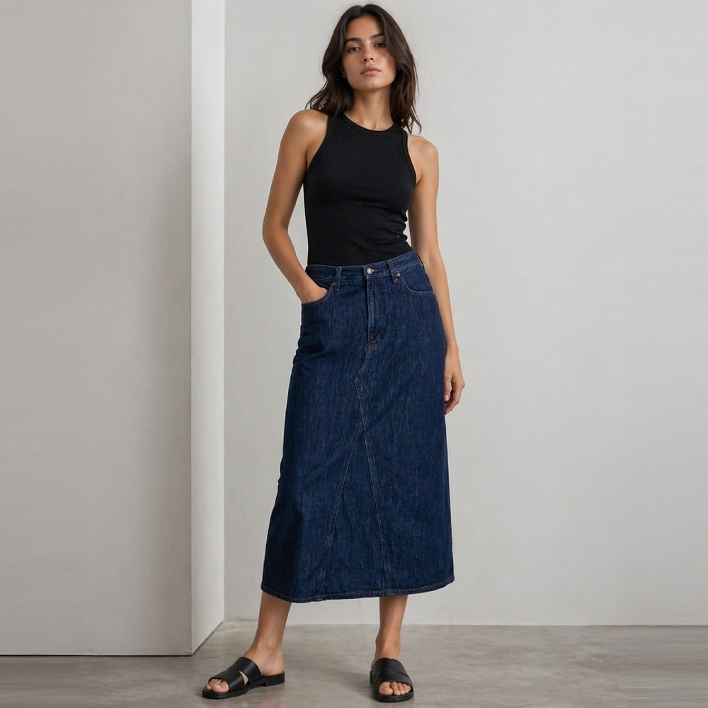 Uniqlo Denim Midi Jean Skirt 12 L Dark Blue High Waist Cotton Country Western